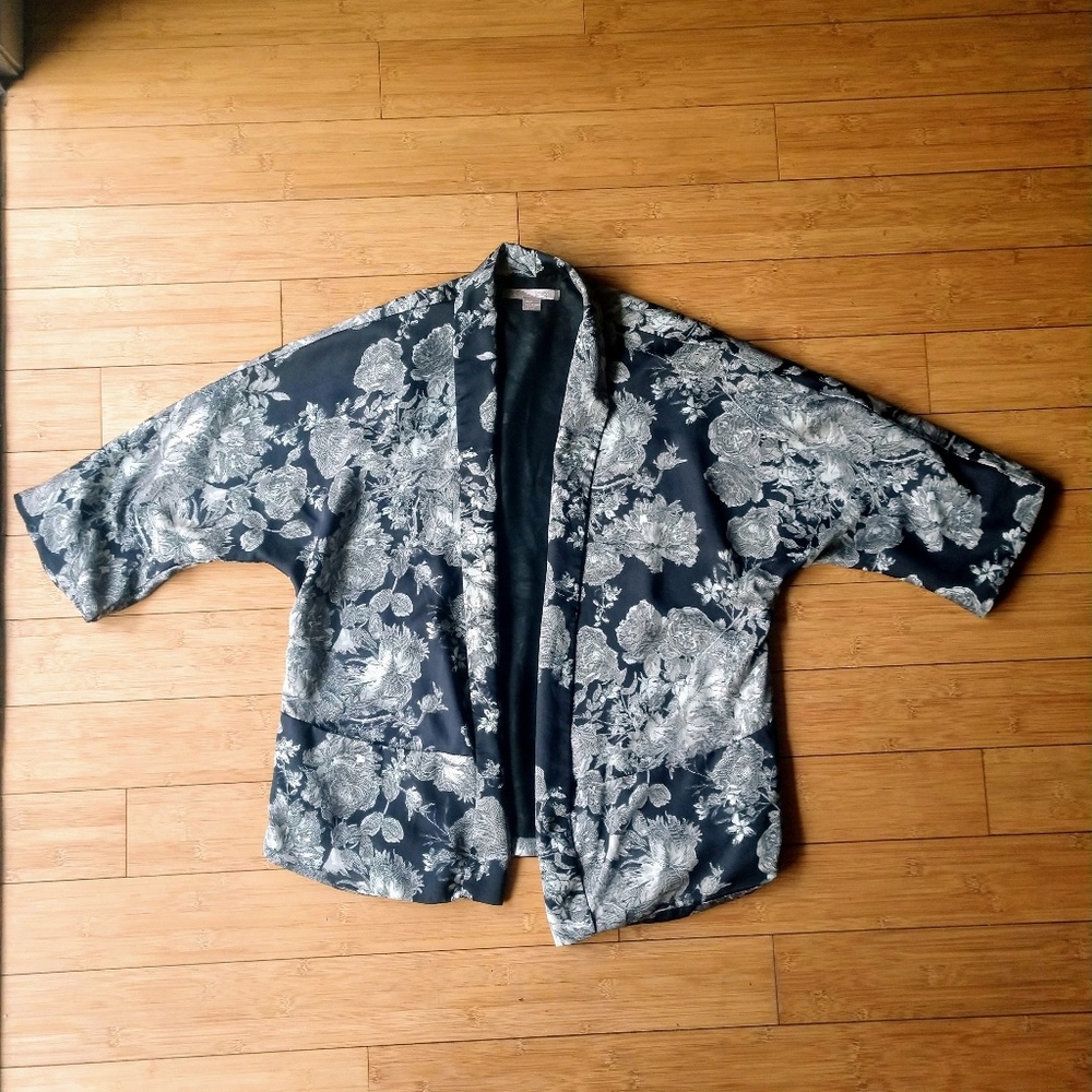 Silky Kimono-Style Jacket with Black Floral Print